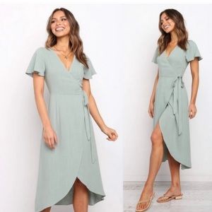 Petal + Pup Linen Mint Green Midi Wrap Dress Small